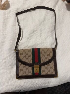 Gucci Tan Monogram Shoulder Bag with Green and Red Web